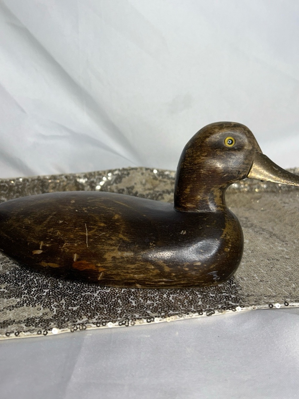 Hand-Carved Wooden Duck Decoy - Dark Brown with Brass Beak